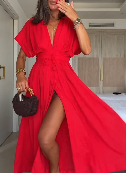 LIDIA | SUKIENKA MIDI Z DEKOLTEM W SEREK I WIĄZANIEM