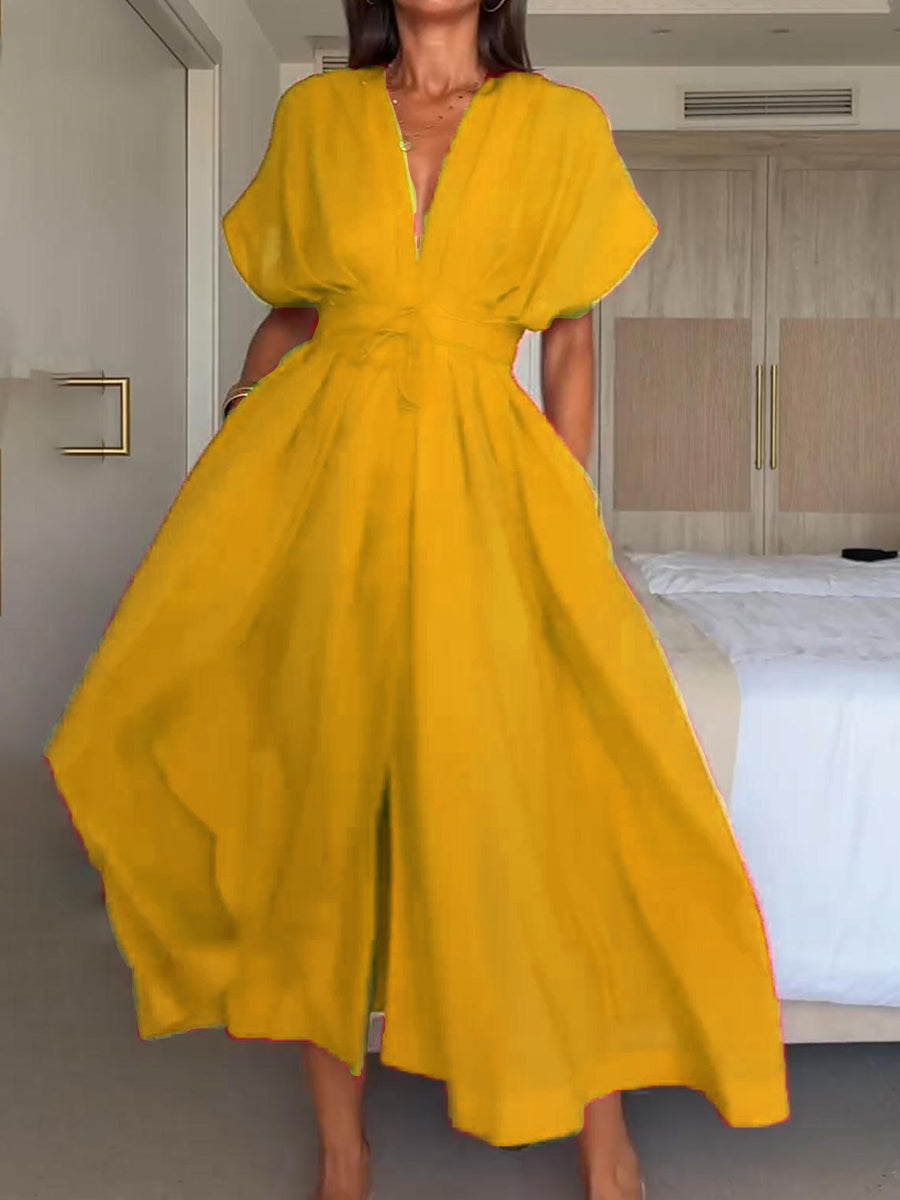 LIDIA | SUKIENKA MIDI Z DEKOLTEM W SEREK I WIĄZANIEM