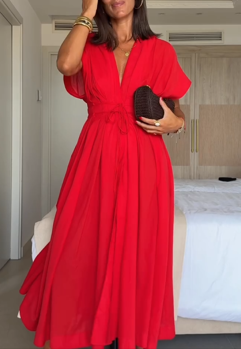 LIDIA | SUKIENKA MIDI Z DEKOLTEM W SEREK I WIĄZANIEM