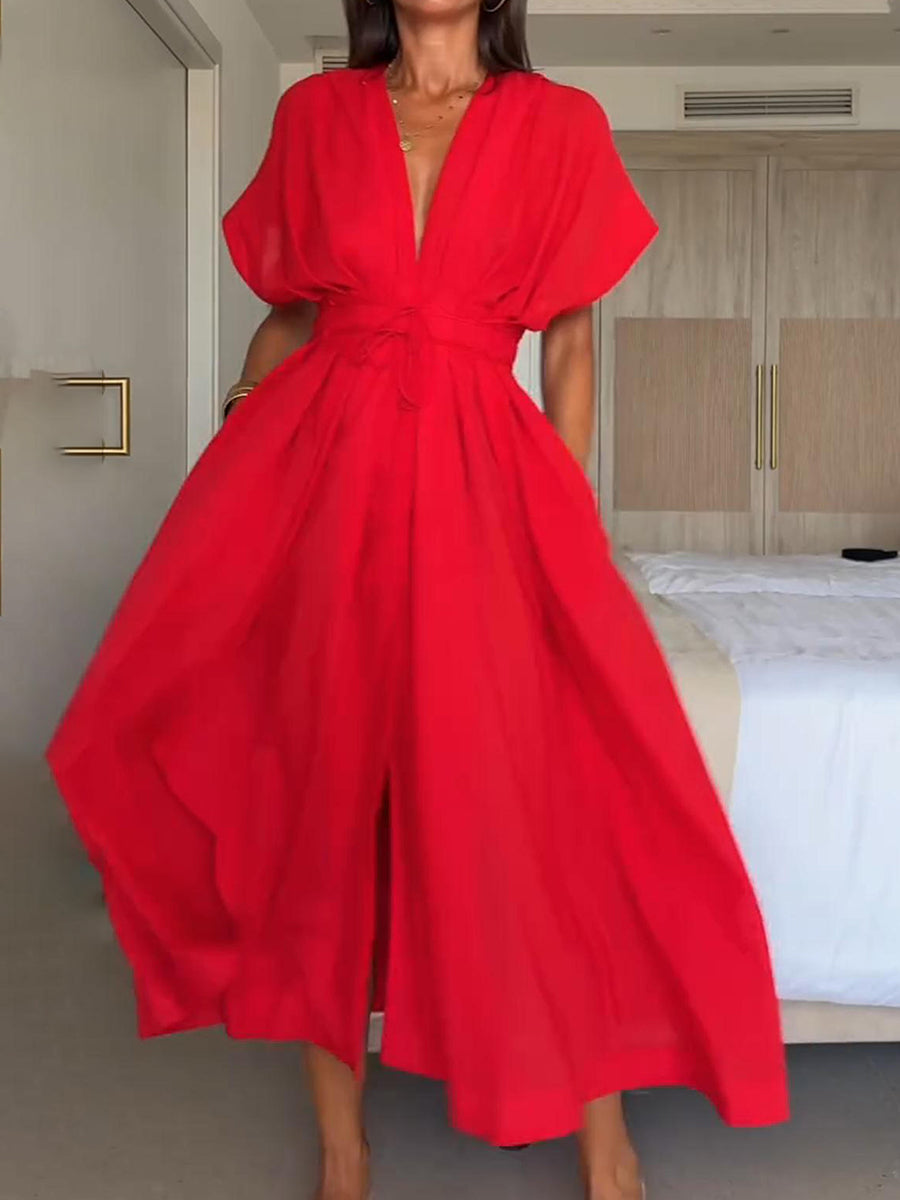 LIDIA | SUKIENKA MIDI Z DEKOLTEM W SEREK I WIĄZANIEM