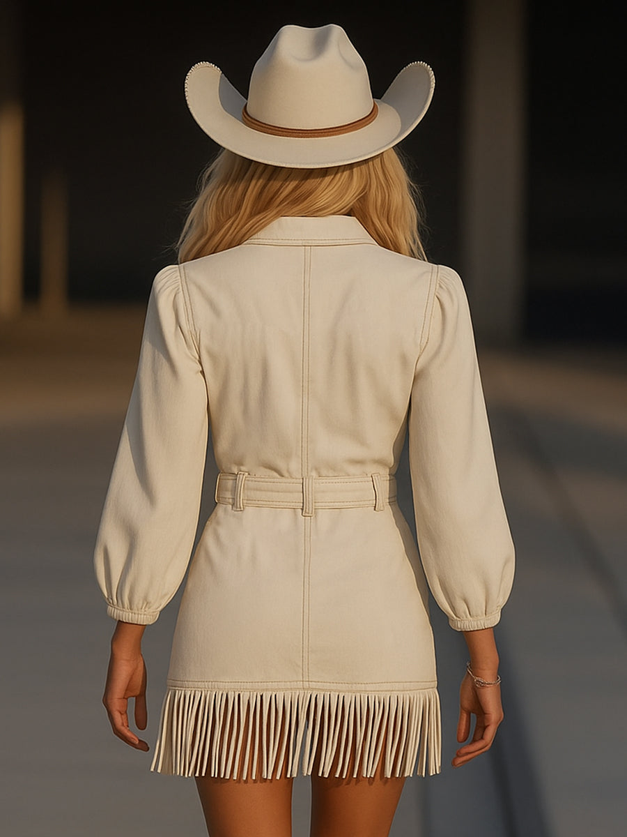 BRONISŁAWA | DENIMOWA SUKIENKA MINI Z FRĘDZLAMI