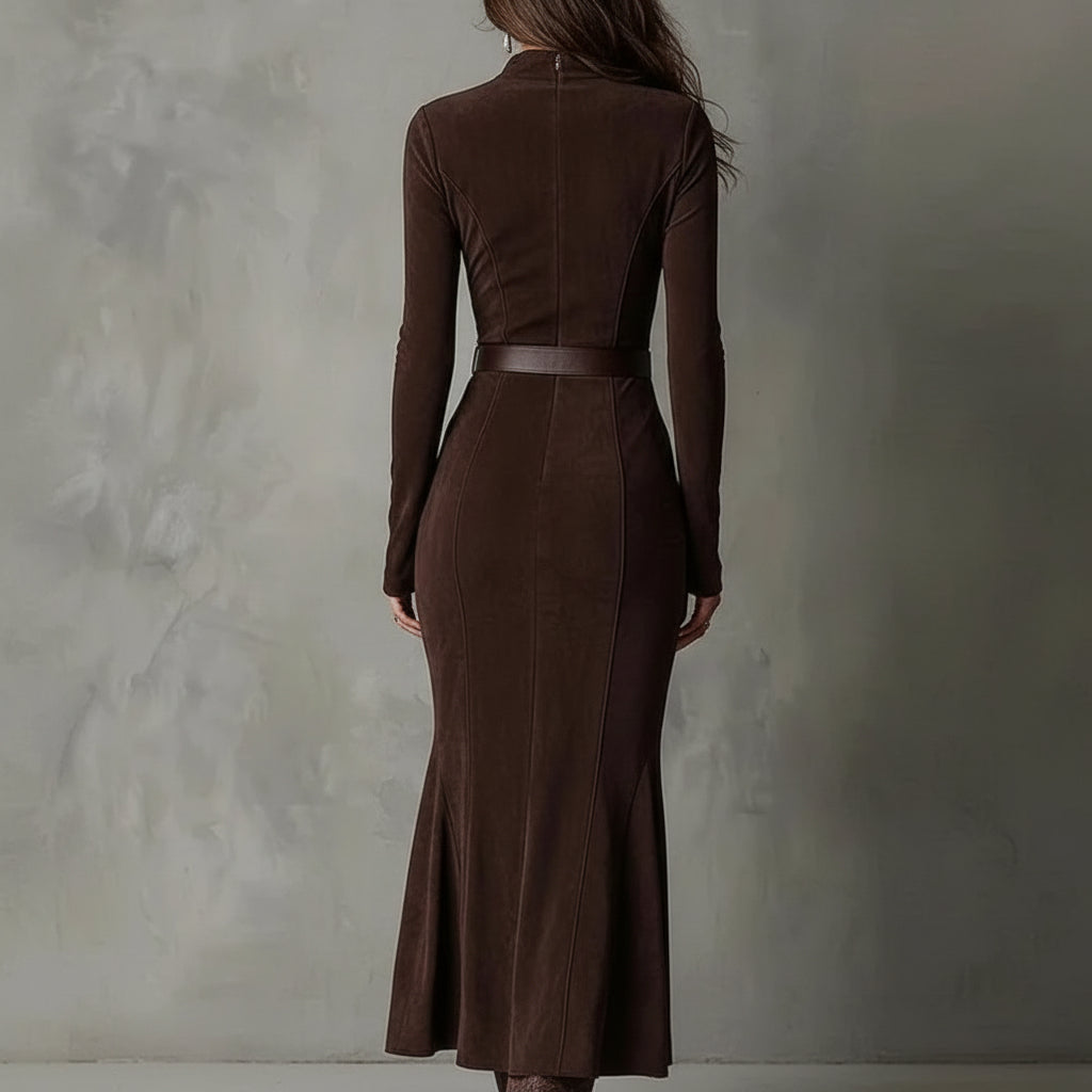 Julina | Elegancka Długa Sukienka z Imitacji Zamszu