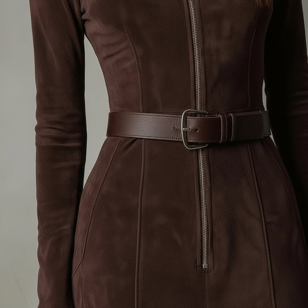 Julina | Elegancka Długa Sukienka z Imitacji Zamszu