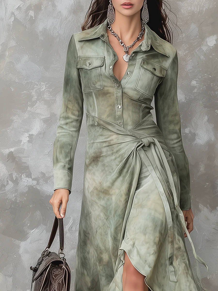 Vintage sukienka maxi w zielonym odcieniu s efektem tie-dye i kieszeniami