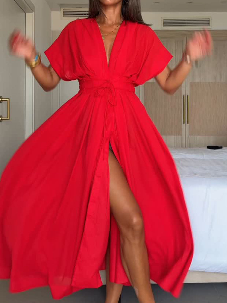 LIDIA | SUKIENKA MIDI Z DEKOLTEM W SEREK I WIĄZANIEM